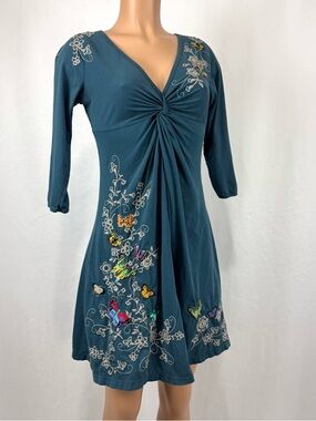 Johnny Was Cotton Twist Front Blue Butterfly Embroidered A-Line
Mini Dress Sz S